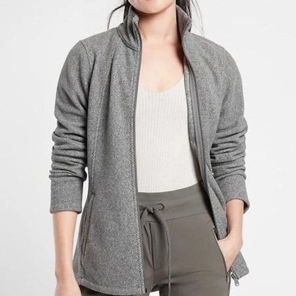 Athleta Stroll Fleece Full Zip Jacket Gray Herringbone Textured Women's XS